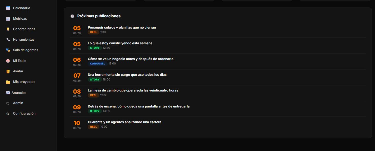 Pantalla de inicio del sistema con las próximas siete publicaciones: fecha, título, tipo de pieza y horario de cada una.