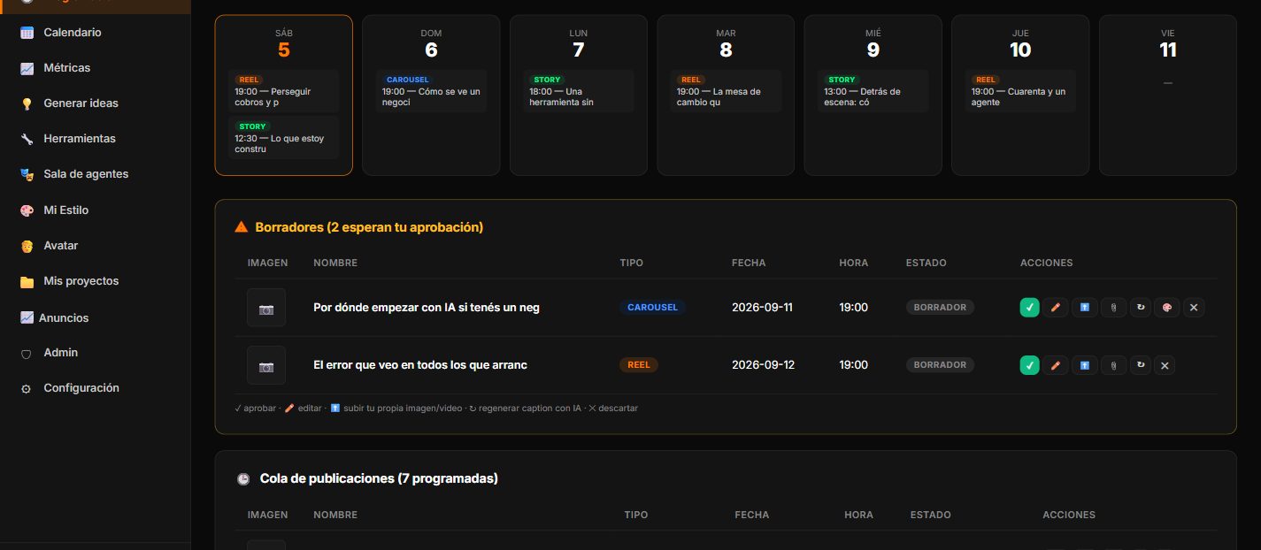 Pantalla de programación: la semana en tarjetas por día, dos borradores esperando aprobación con su botón de aprobar, y debajo la cola de siete publicaciones programadas.