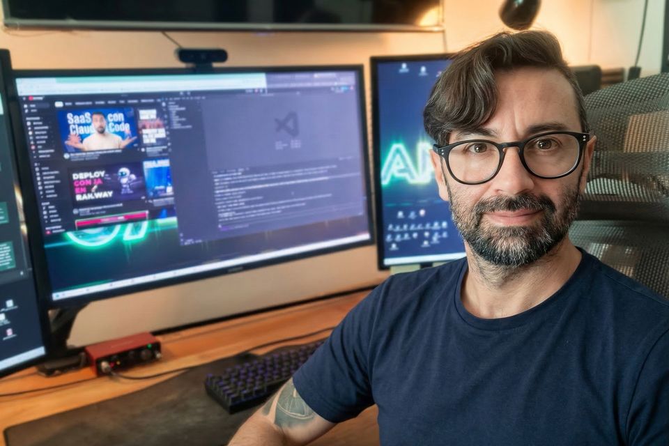 Julián Rodríguez sentado en su escritorio de trabajo, con dos monitores encendidos.